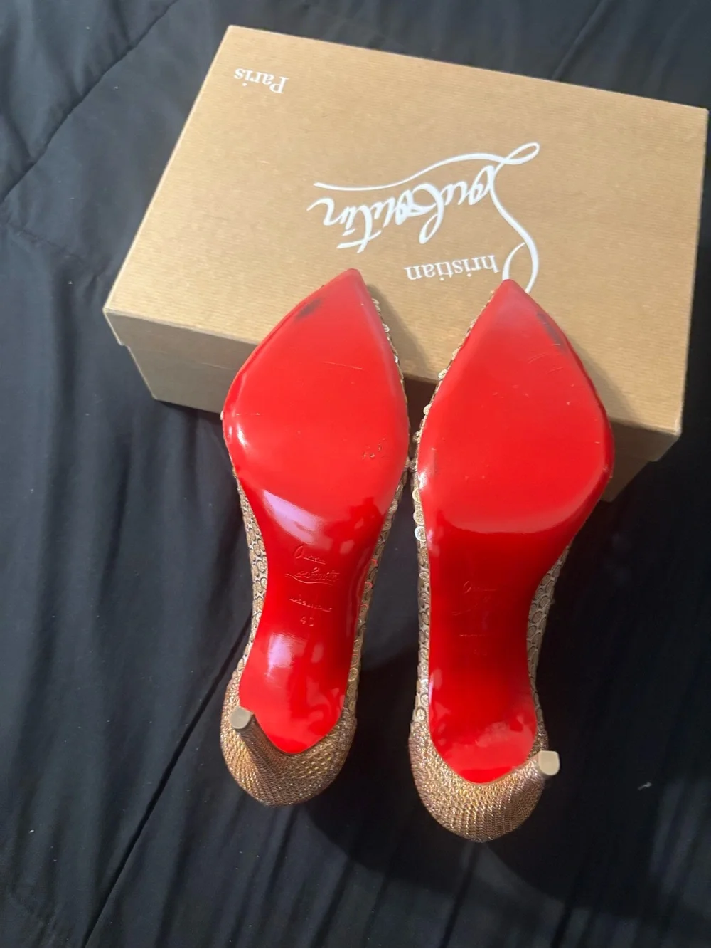 Christian Louboutin Gold Sequin Pointed Toe Stiletto Pumps